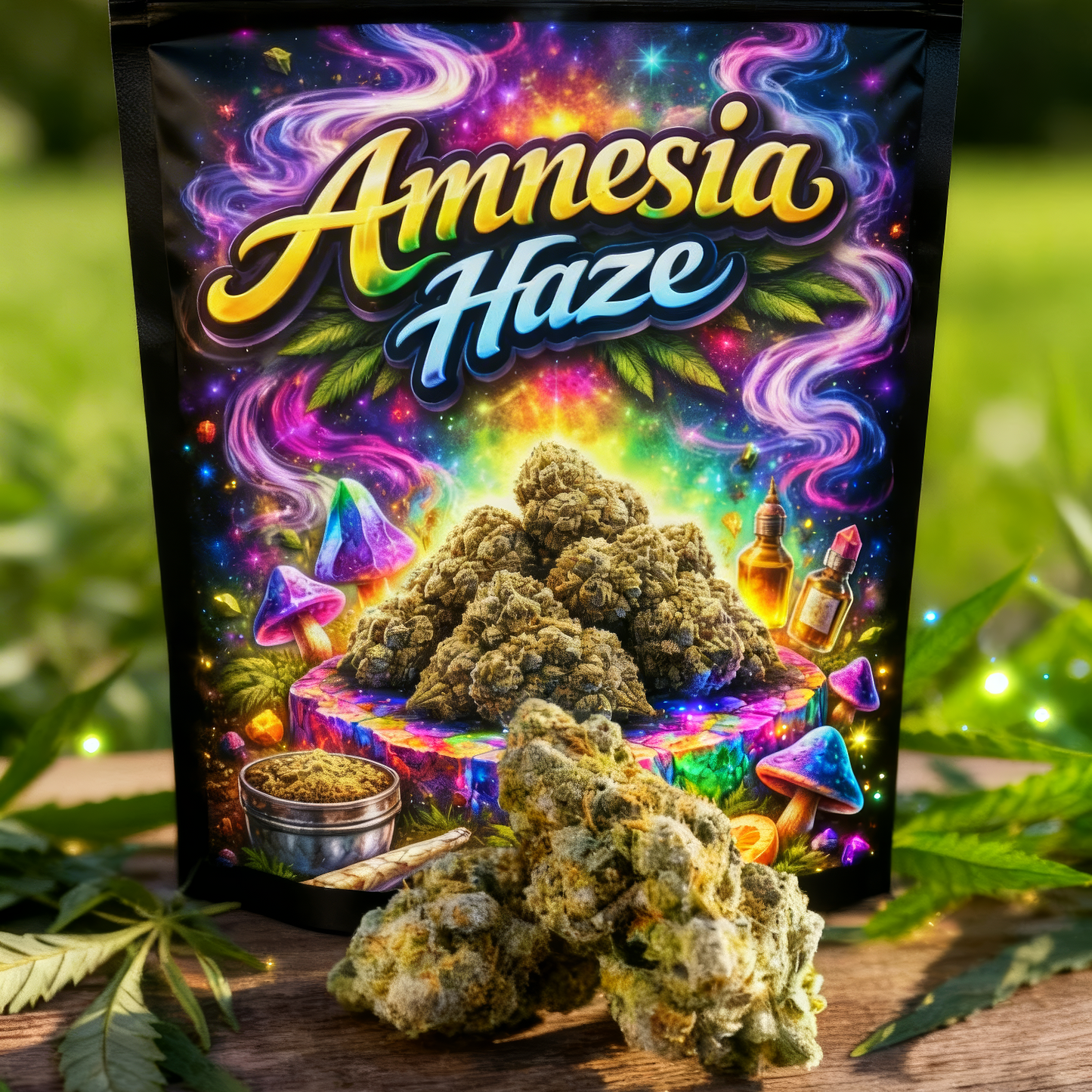 Amnesia Haze Verpackung mit CBD Blüten auf Holztisch