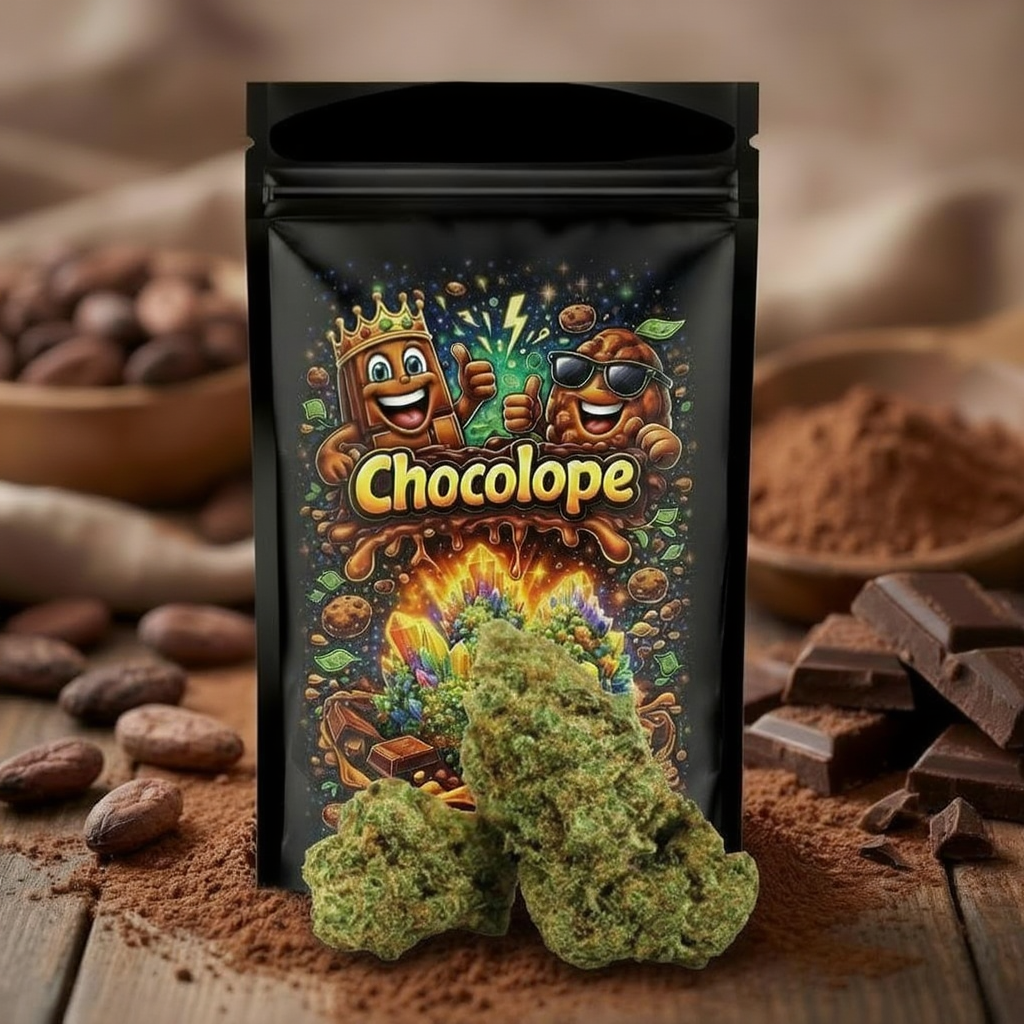 Chocolope Verpackung mit CBD Blüten auf Holztisch mit Schokolade