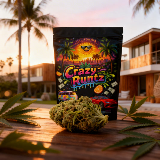 Crazy Runtz Verpackung mit CBD Blüte vor kalifornischem Hintergrund