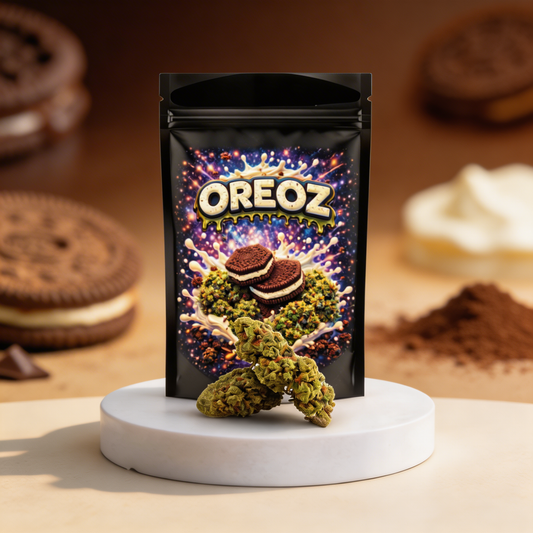 OREOZ Verpackung mit HHC Blüten auf weißem Podest