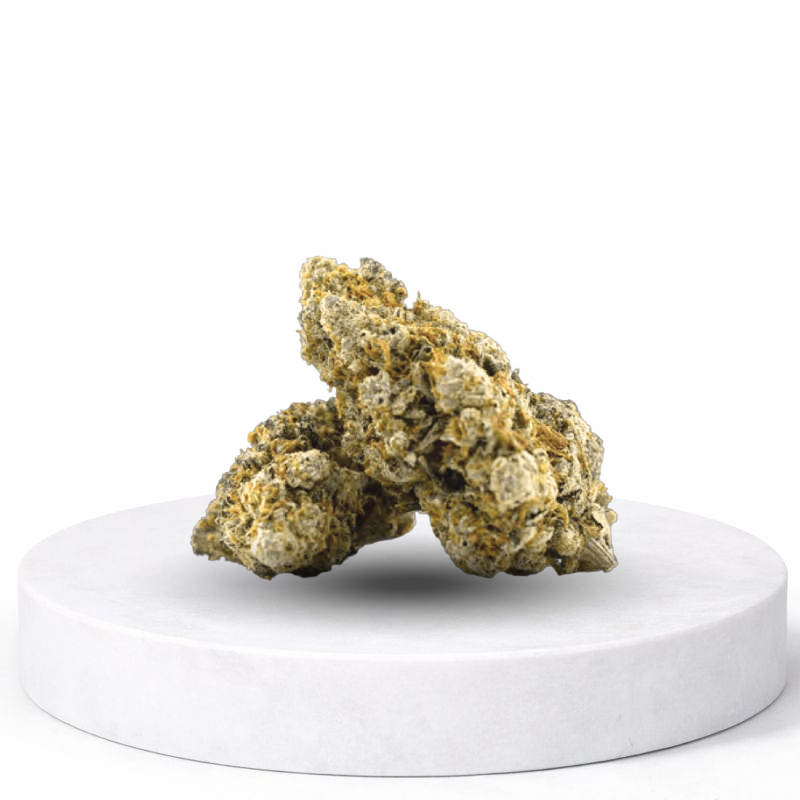 Amnesia Haze CBD Blüten – klassische Haze Hanfblüten mit zitronigem Aroma auf Podest