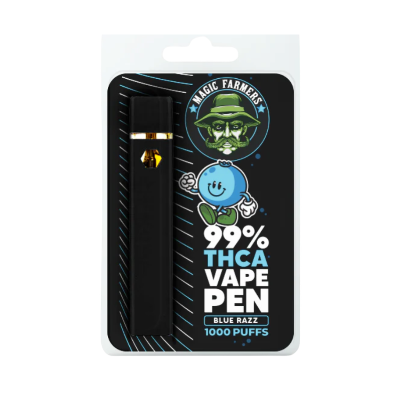Magic Farmers 99% THCACA Vape Pen Blue Razz – 100OH+ THCA Vape Pen Blue Raspberry 1000 Puffs, schwarzer Pen in blau-schwarzer Blister mit lachendem blauen Beeren-Charakter und Magic Farmers Logo