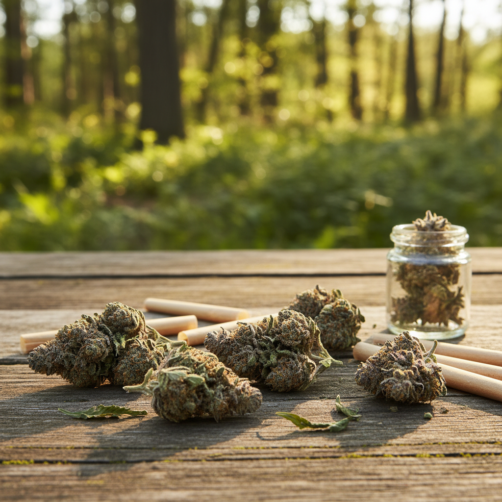 CBD Blüten auf einem Tisch platziert