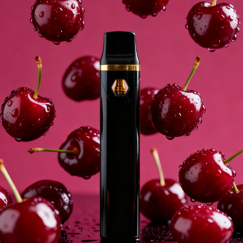 10-OH+ 99% Einweg Vape 2ml Cherry Sour – Intensiver saurer Kirsch-Geschmack 10-OH+ Vape, schwarzes Gerät vor tropfenden roten Kirschen auf pinkem Hintergrund