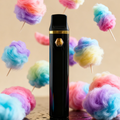 10-OH+ 99% Einweg Vape 2ml Cotton Candy – Süßer Zuckerwatte 10-OH+ Einwegvape, schwarzer Disposable Vape Pen umgeben von bunter flauschiger Watte in Pastelltönen