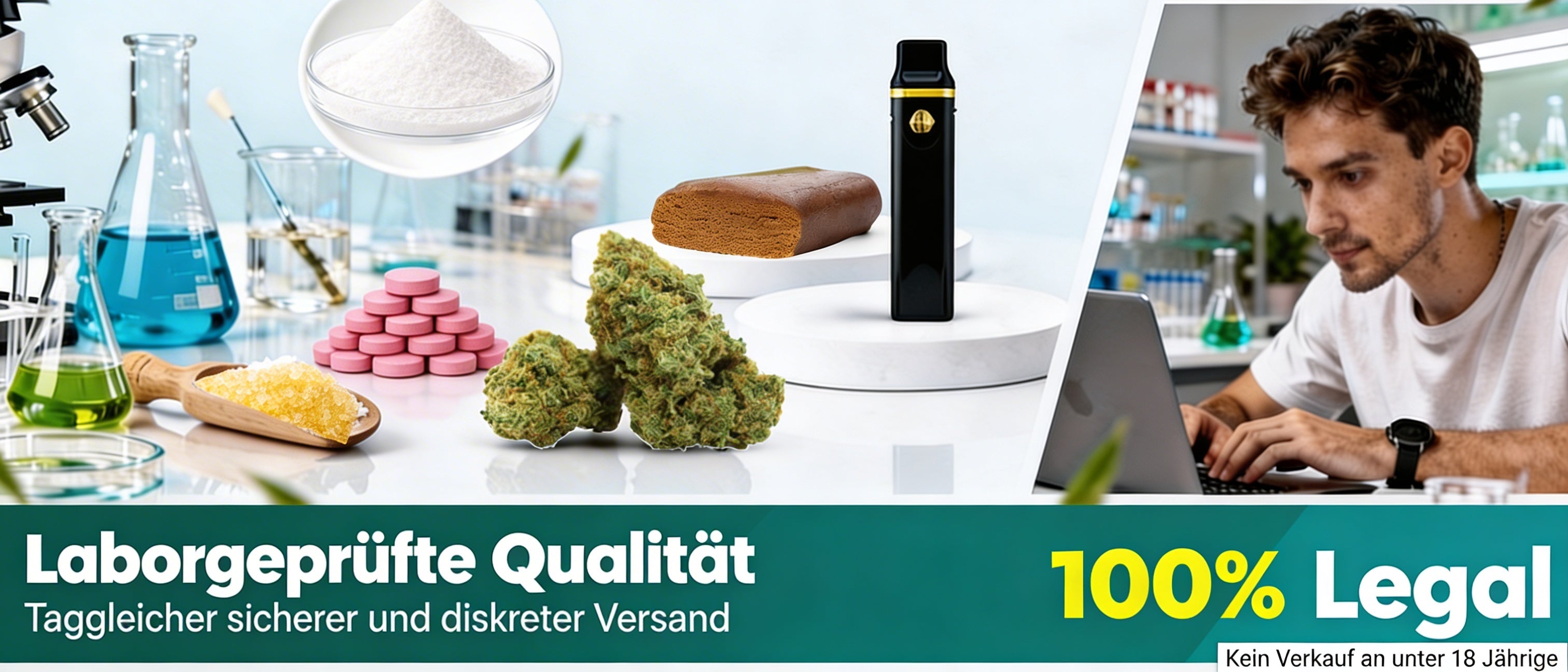 Produkte werden im Hintergrund dargestellt dazu ein disclaimer der Kein Verkauf an unter 18 Jährige anzeigt.