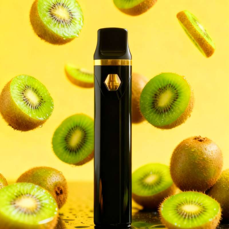 10-OH+ 99% Einweg Vape 2ml Kiwi Sorbet – Erfrischender Kiwi-Sorbet 10-OH+ Vape, schwarzes Gerät vor fliegenden Kiwischeiben und gelbem Sorbet-Hintergrund