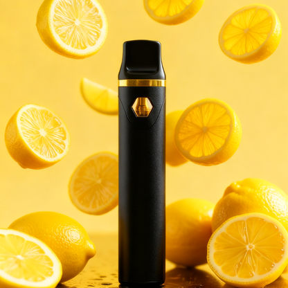 10-OH+ 99% Einweg Vape 2ml Lemon Cheese – Zitronig-fruchtiger 10-OH+ Disposable Vape, schwarzer Pen umgeben von frischen Zitronen im gelben Hintergrund