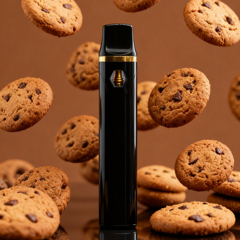 10-OH+ 99% Einweg Vape 2ml M.A.C. – Starkes 10-OH+ Disposable Vape mit exotischem M.A.C.-Geschmack, schwarzer Vape Pen vor fliegenden Keksen und Schokolade