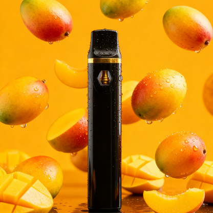 10-OH+ 99% Einweg Vape 2ml Maui Mango – Premium 10-OH+ Einwegvape mit tropischem Mango-Aroma, goldenes Mundstück vor saftigen Mangostücken und Wasserreflexionen