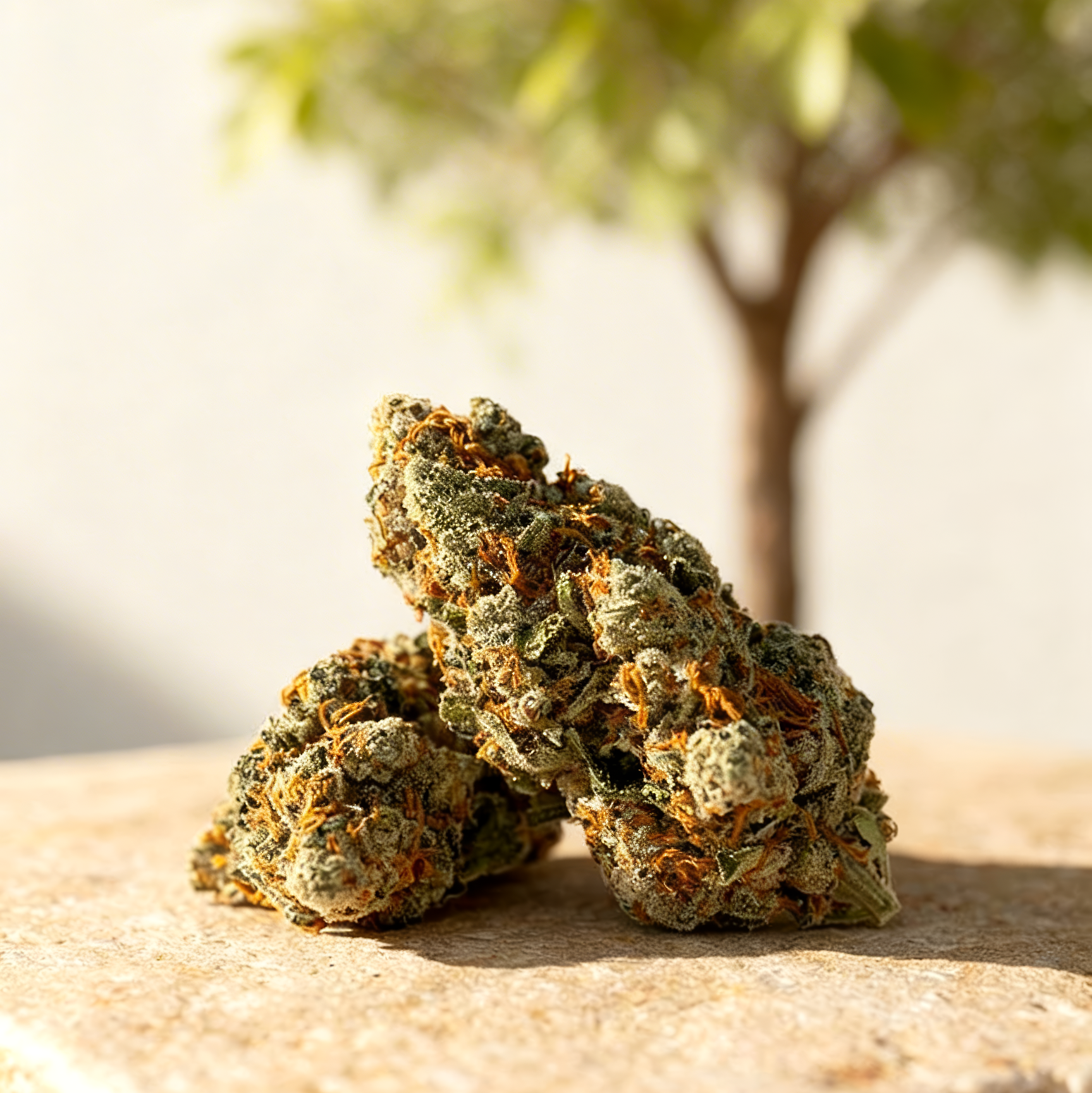 Amnesia Haze CBD Blüten auf Steinplatte mit natürlichem Hintergrund