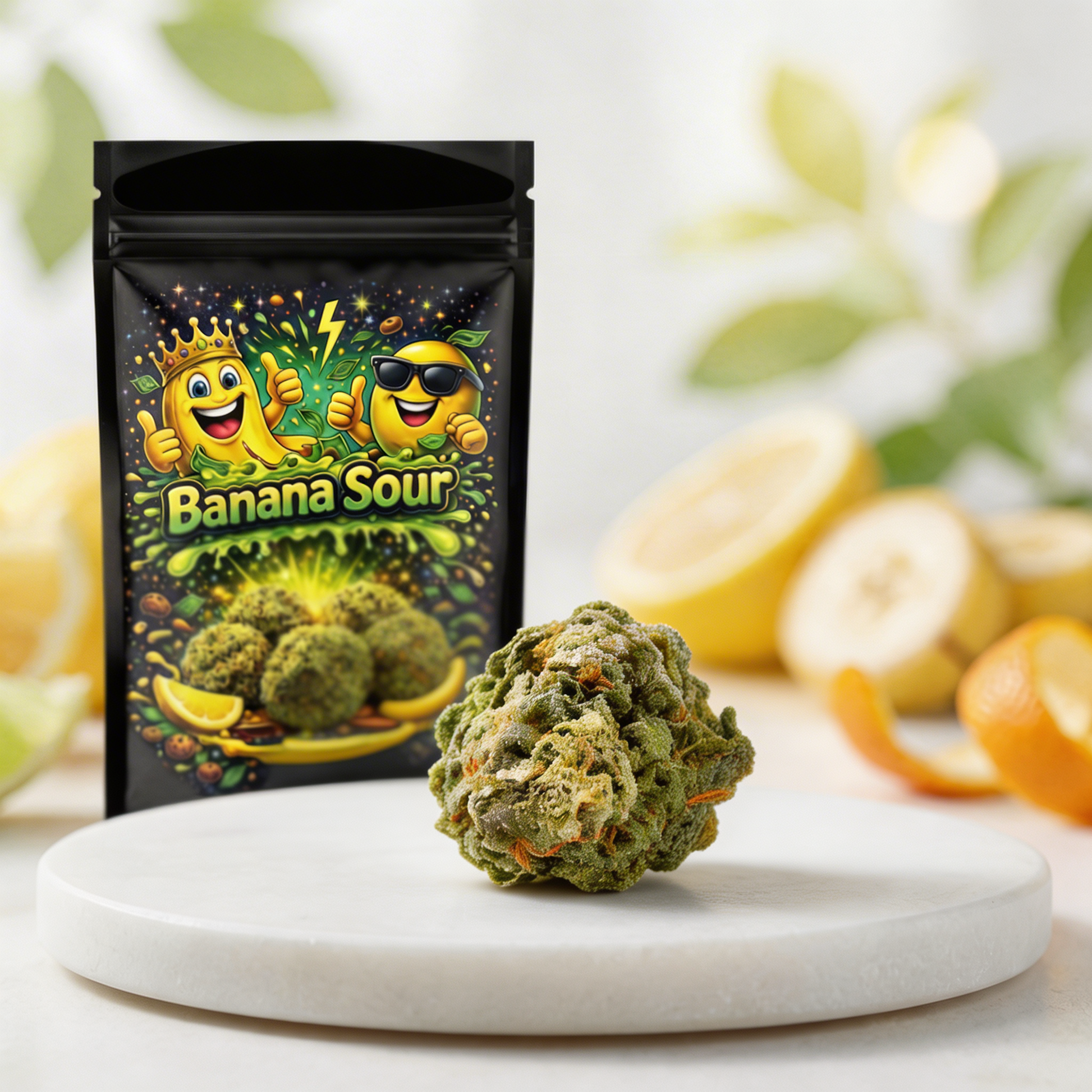 Banana Sour CBD Blüte auf weißem Podest mit Banane und Zitronenschale