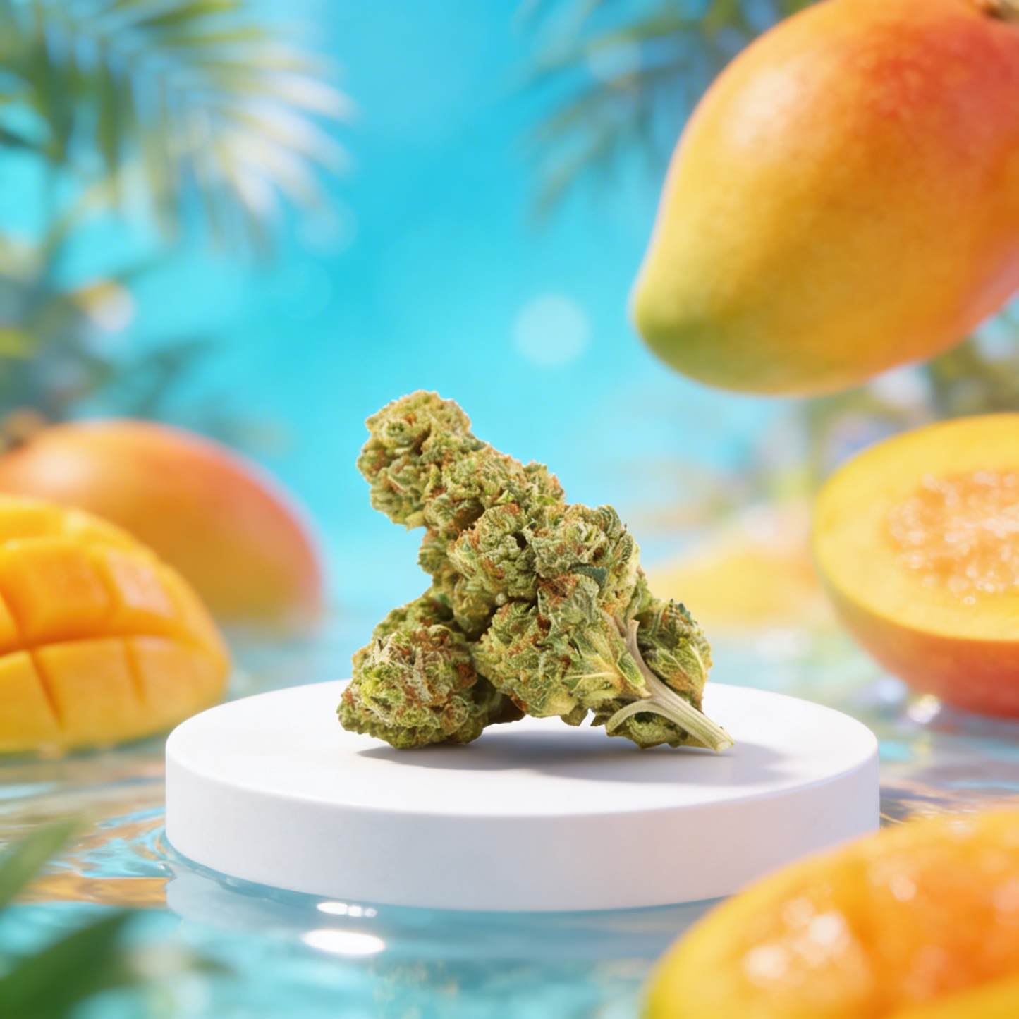 Blue Mango CBD Blüte mit Mango Hintergrund auf weißem Podest