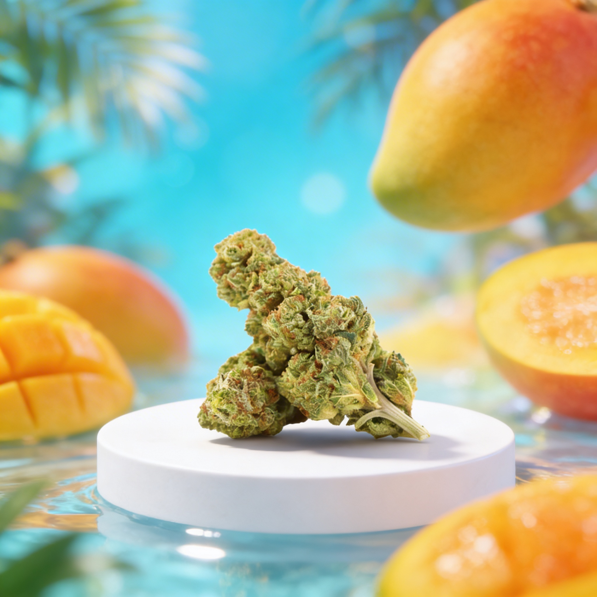 Blue Mango CBD Blüte mit Mango Hintergrund auf weißem Podest
