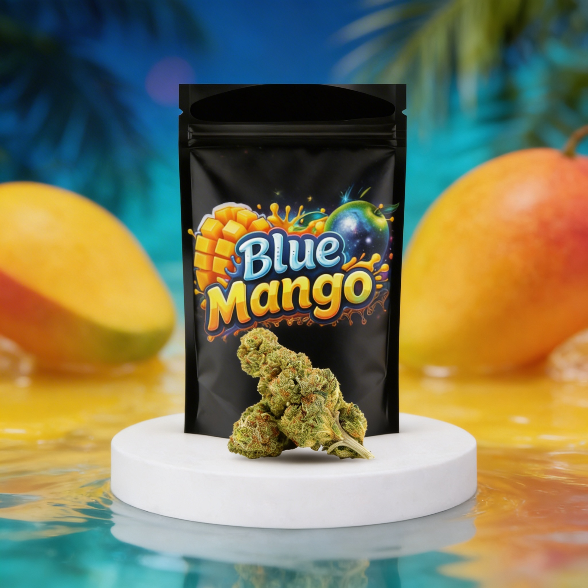 Blue Mango Verpackung mit HHC Blüten auf weißem Podest