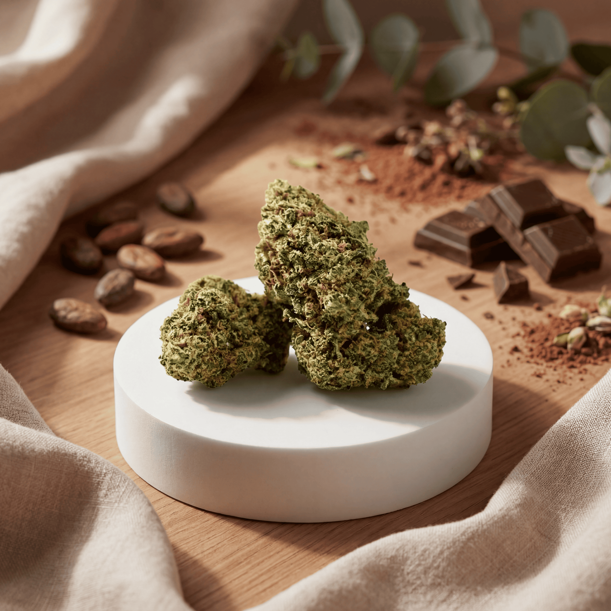 Chocolope CBD Blüten auf weißem Podest mit Kakao und Schokolade