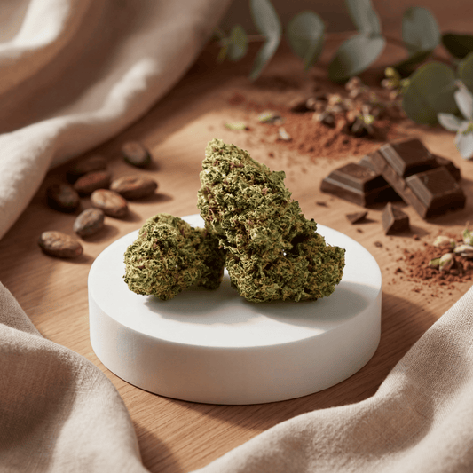 Chocolope CBD Blüten auf weißem Podest mit Kakao und Schokolade