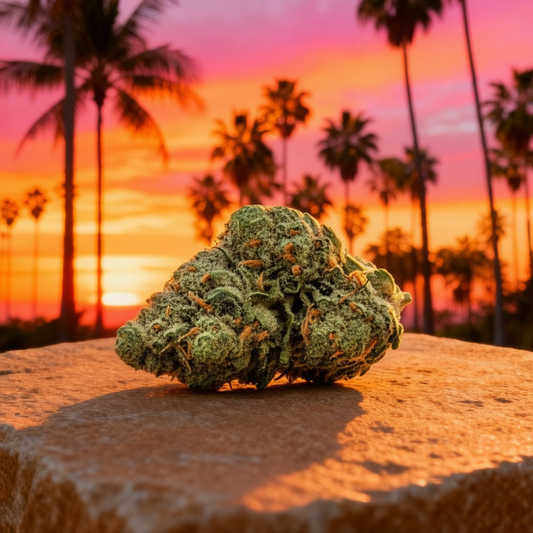 Crazy Runtz CBD Blüte auf Steinplatte bei Sonnenuntergang mit Palmen