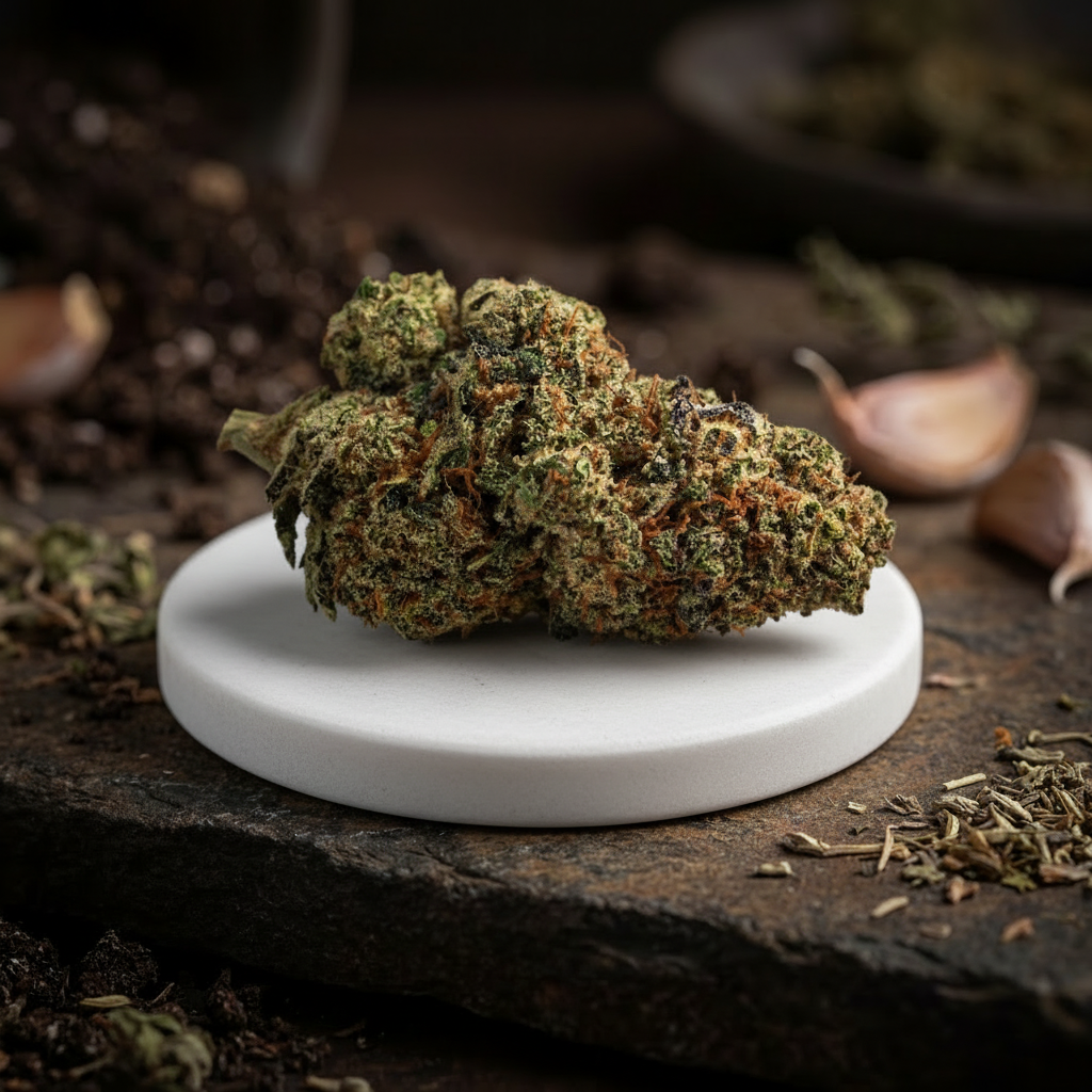 GMO Cookies CBD Blüten auf weißem Podest mit Kakao und Schokolade