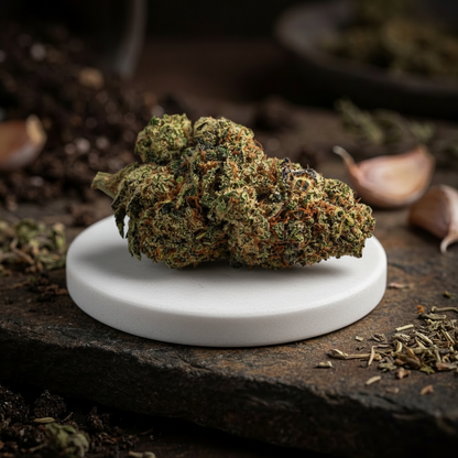 GMO Cookies CBD Blüten auf weißem Podest mit Kakao und Schokolade
