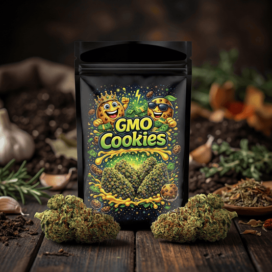 GMO Cookies Verpackung mit CBD Blüten auf Holztisch und würzigen Kräutern