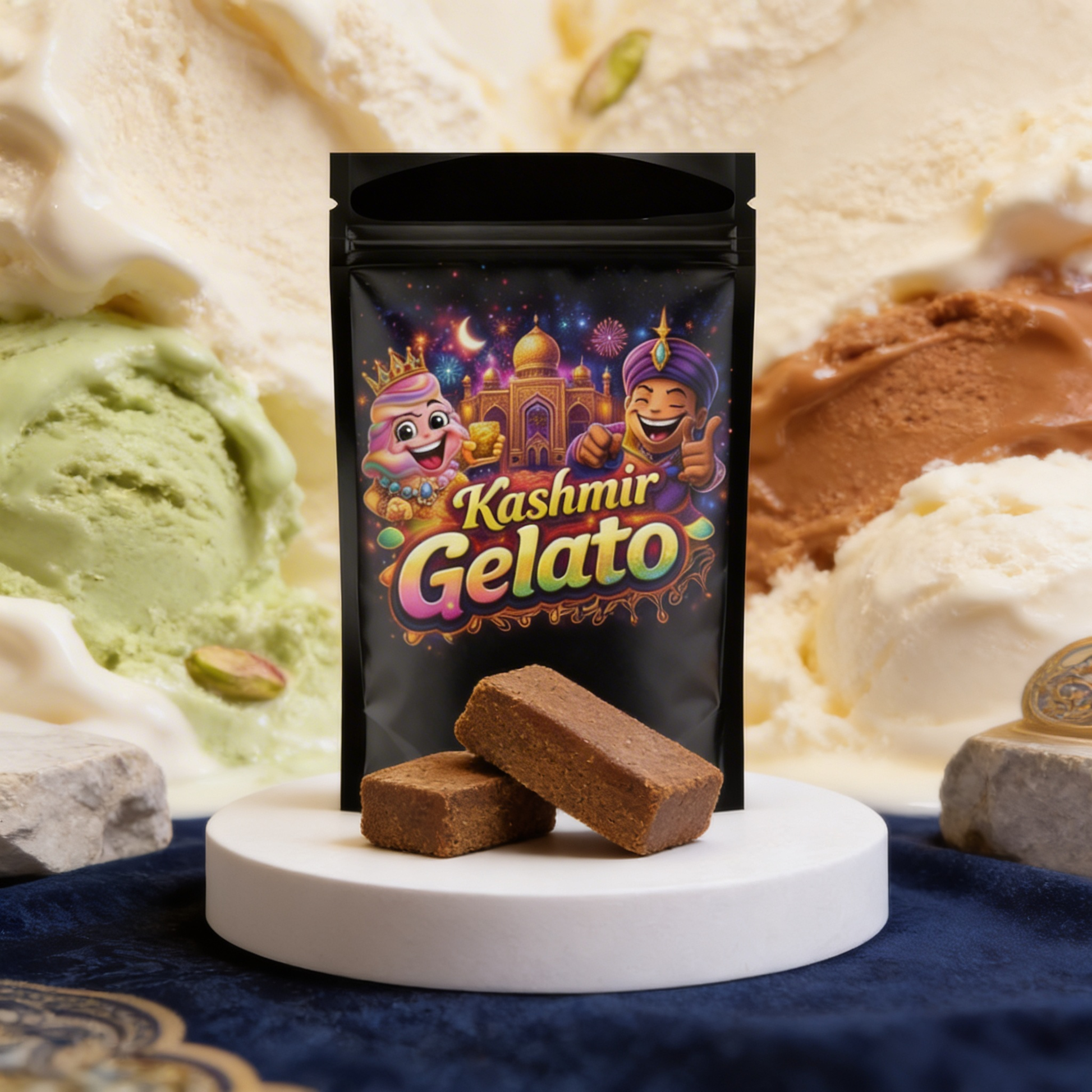 Kashmir Gelato Hash Verpackung auf weißem Podest