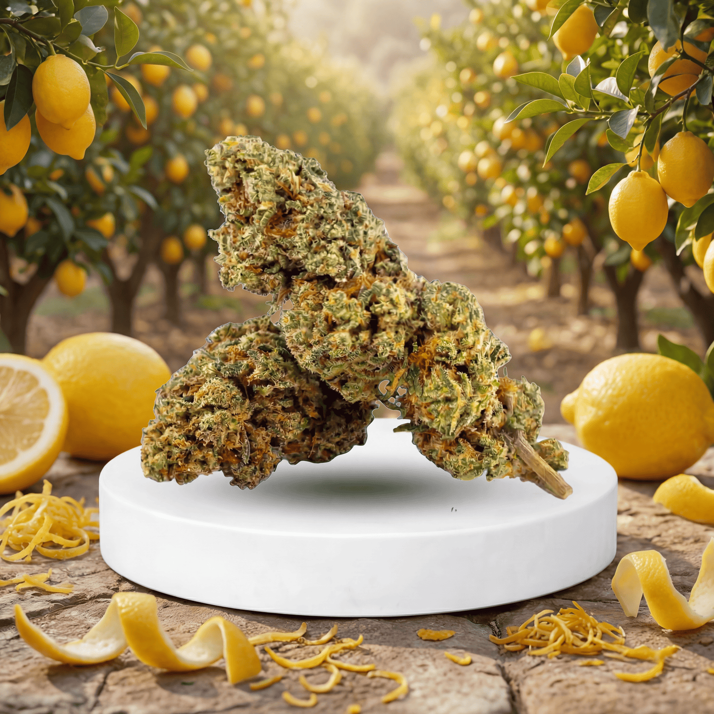 Lemon Vuitton OG HHC Blüte mit Zitronen im Hintergrund