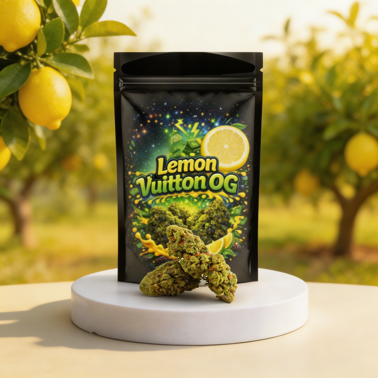 Lemon Vuitton OG Verpackung mit HHC Blüten auf weißem Podest
