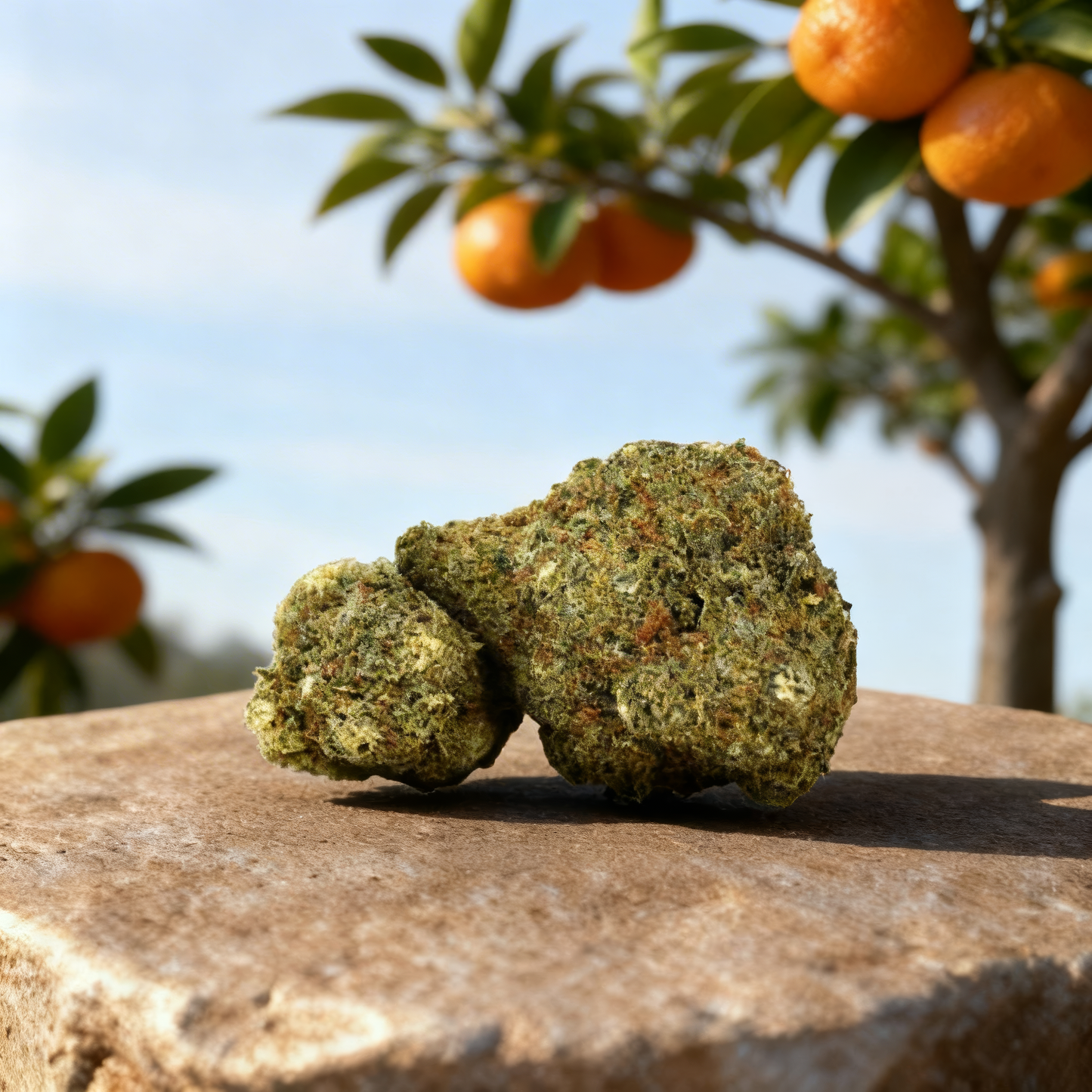 Mandarine Sherbert CBD Blüten vor Mandarinenbaum