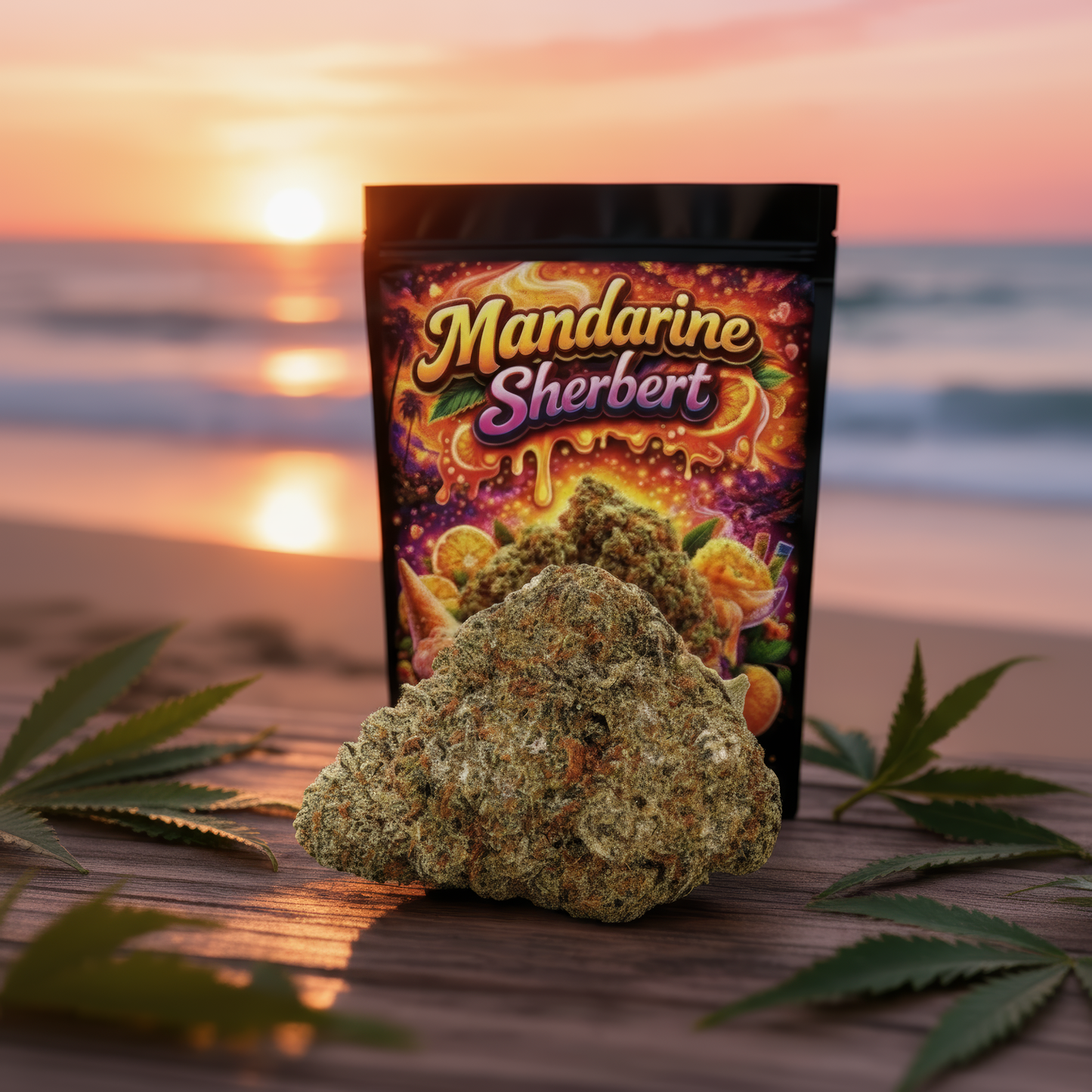Mandarine Sherbert Verpackung mit CBD Blüte am Strand bei Sonnenuntergang
