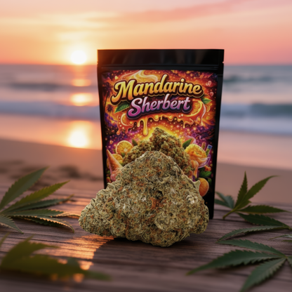 Mandarine Sherbert Verpackung mit CBD Blüte am Strand bei Sonnenuntergang