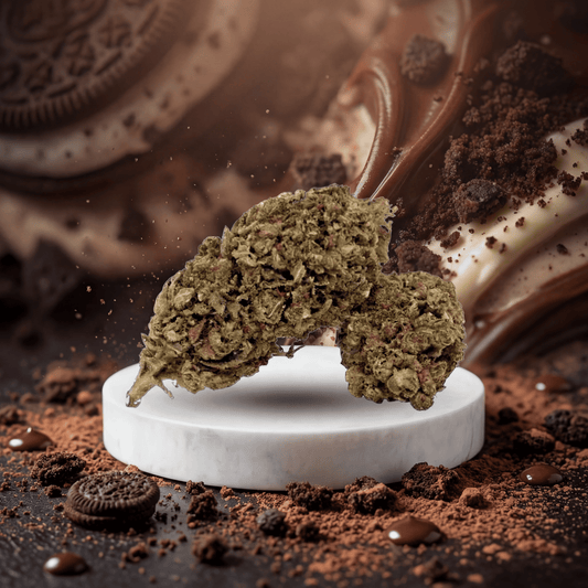 OREOZ HHC Blüte mit Schokoladen und Cookie Hintergrund