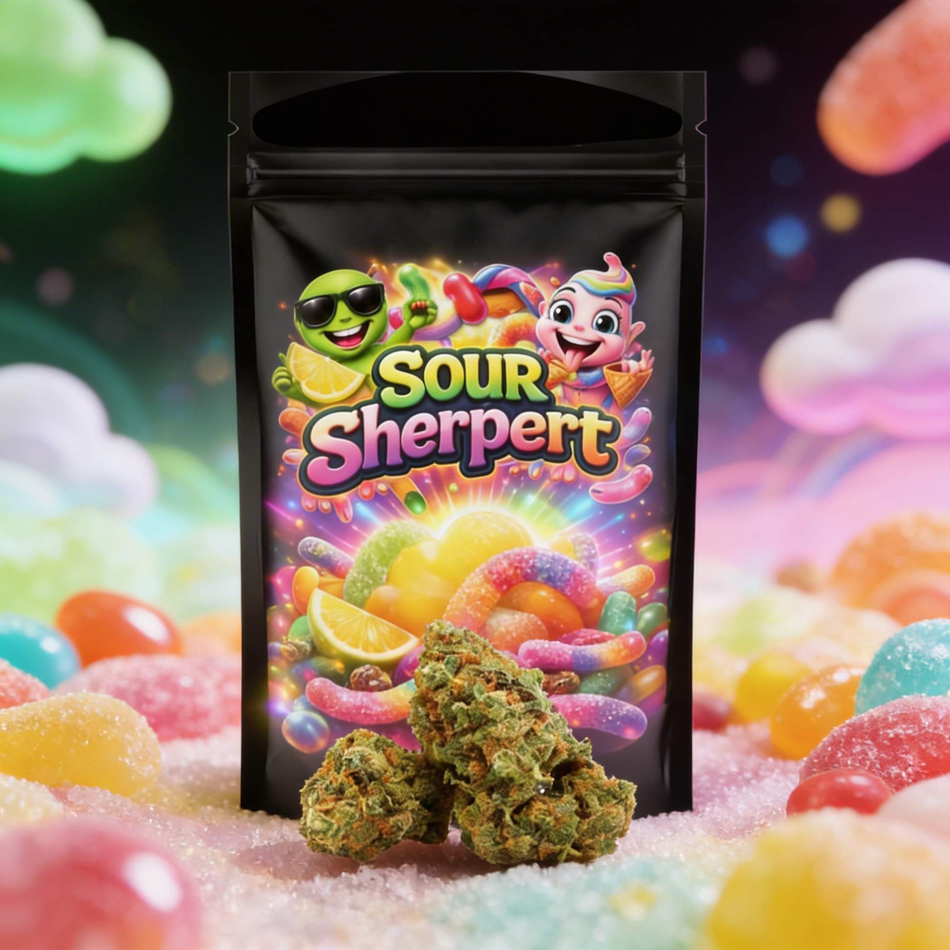 Sour Sherpert Verpackung mit HHC Blüten auf farbigem Hintergrund