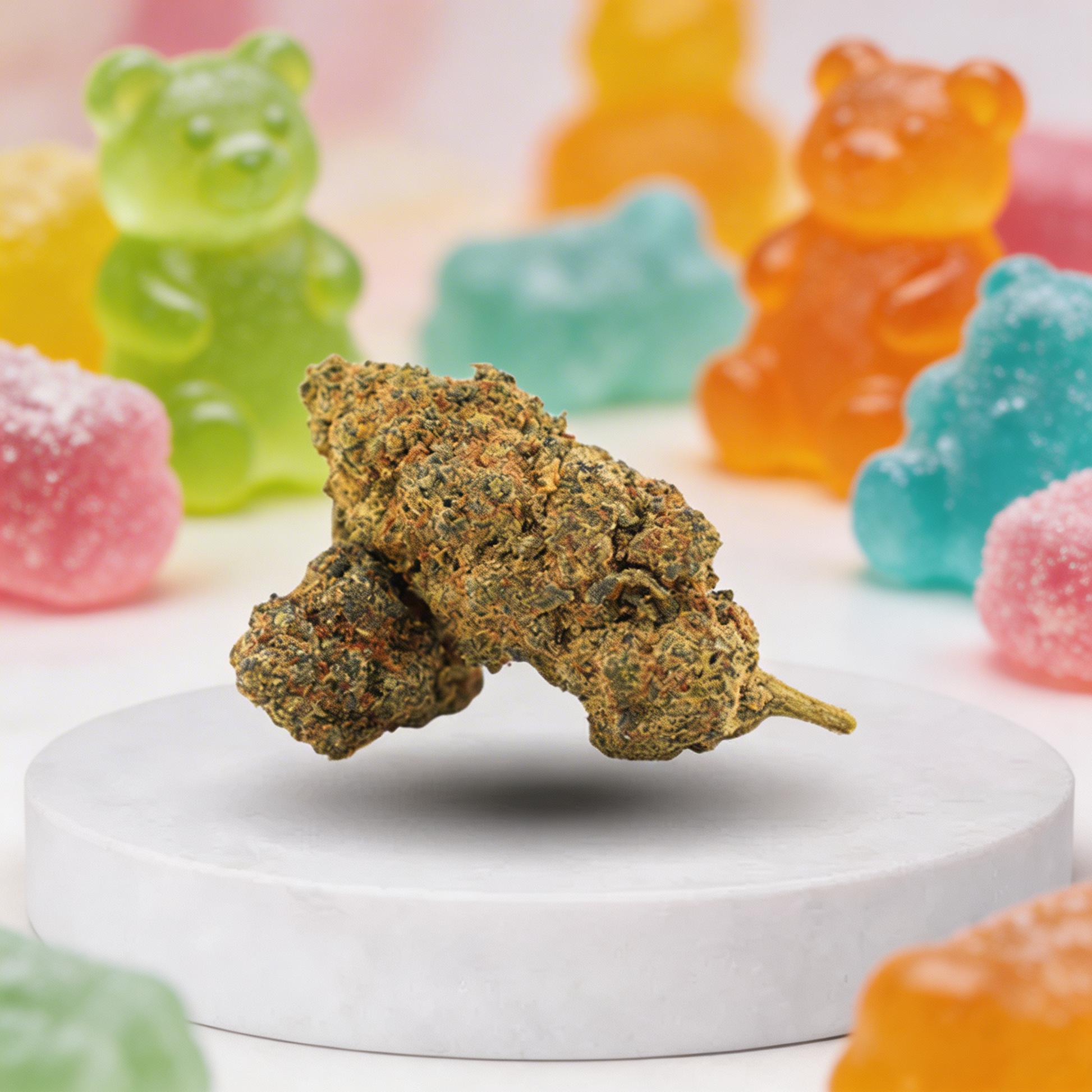 Sour Sherpert CBD Blüte auf weißem Podest mit Fruchtgummi Hintergrund